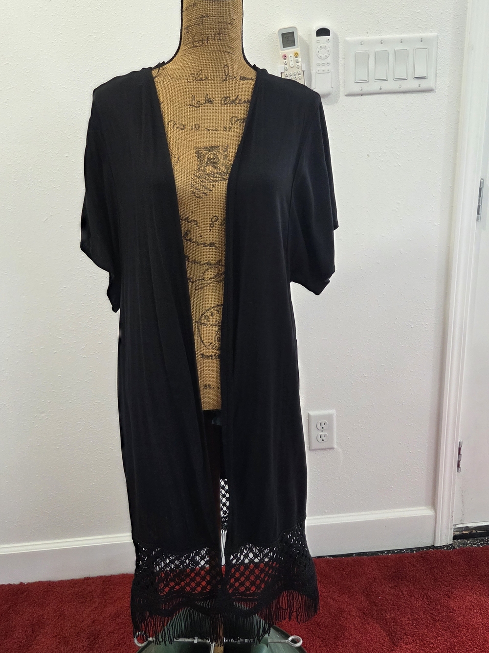 Black Open Front Kimono with Fringe Lace Hem